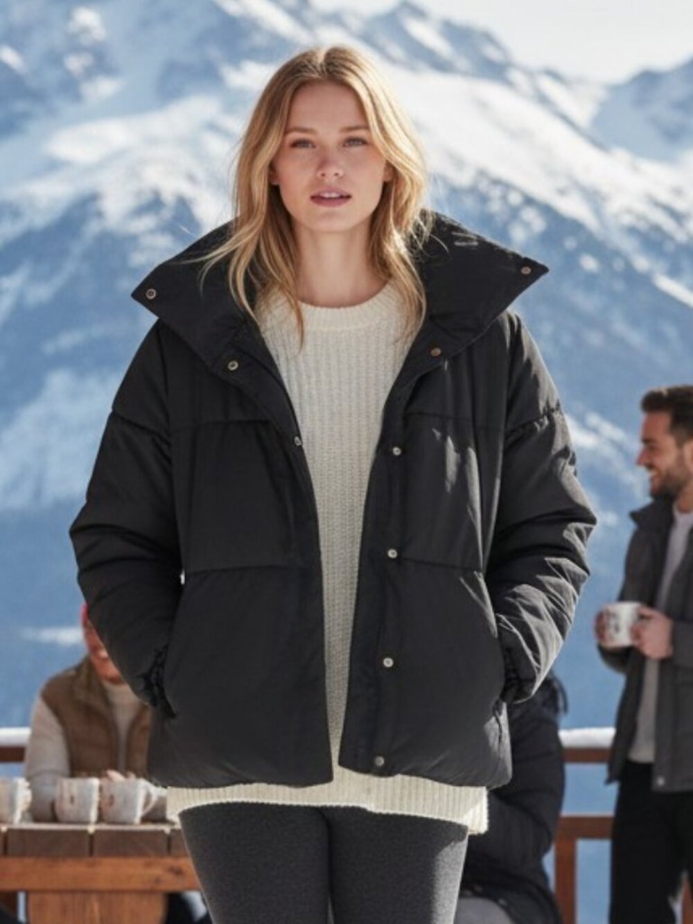 Puma Women's Oversized Lapel Puffer Jacket Black Ski Chic Winter Coat Size L